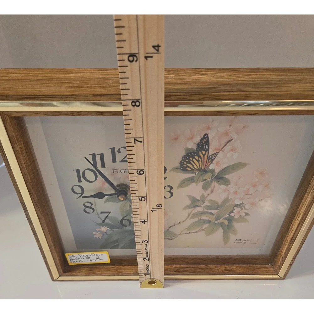 Elgin‎ Vintage MCM Butterfly Floral Mantle Tabletop Clock Wood Grain Frame Works